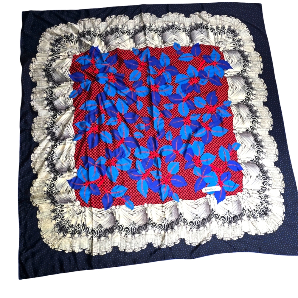Tiffany & Co. Blue Leaf Design Silk Scarf Vintage